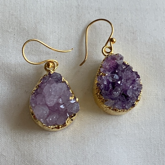 Purple Geode Druzy amethyst crystal gold plated earrings - Picture 5 of 12